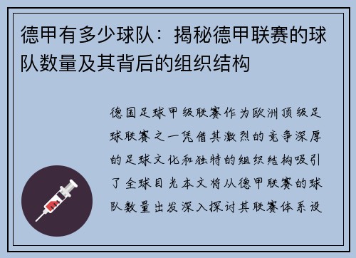 德甲有多少球队：揭秘德甲联赛的球队数量及其背后的组织结构