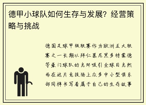 德甲小球队如何生存与发展？经营策略与挑战